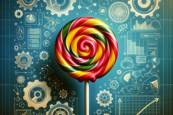 DALL·E 2024-01-06 03.42.02 - Abstract image depicting a candy lollipop undergoing a strategic transformation, with elements like gears, blueprints, and strategy charts integrated